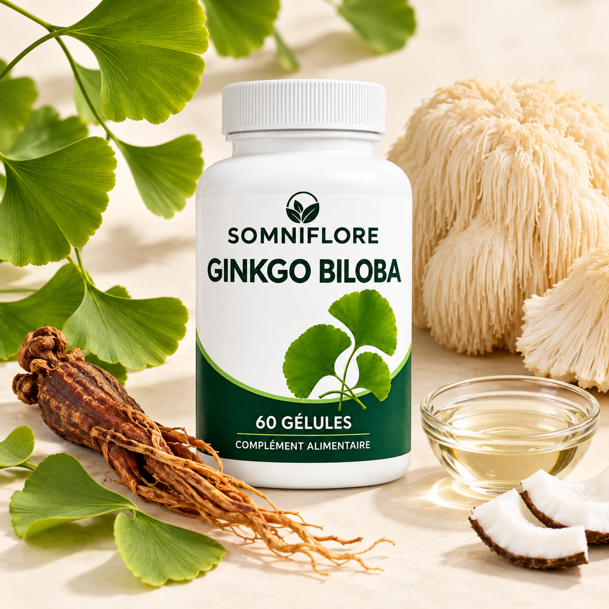Somniflore avec ginkgo, ginseng, crinière de lion et huile MCT