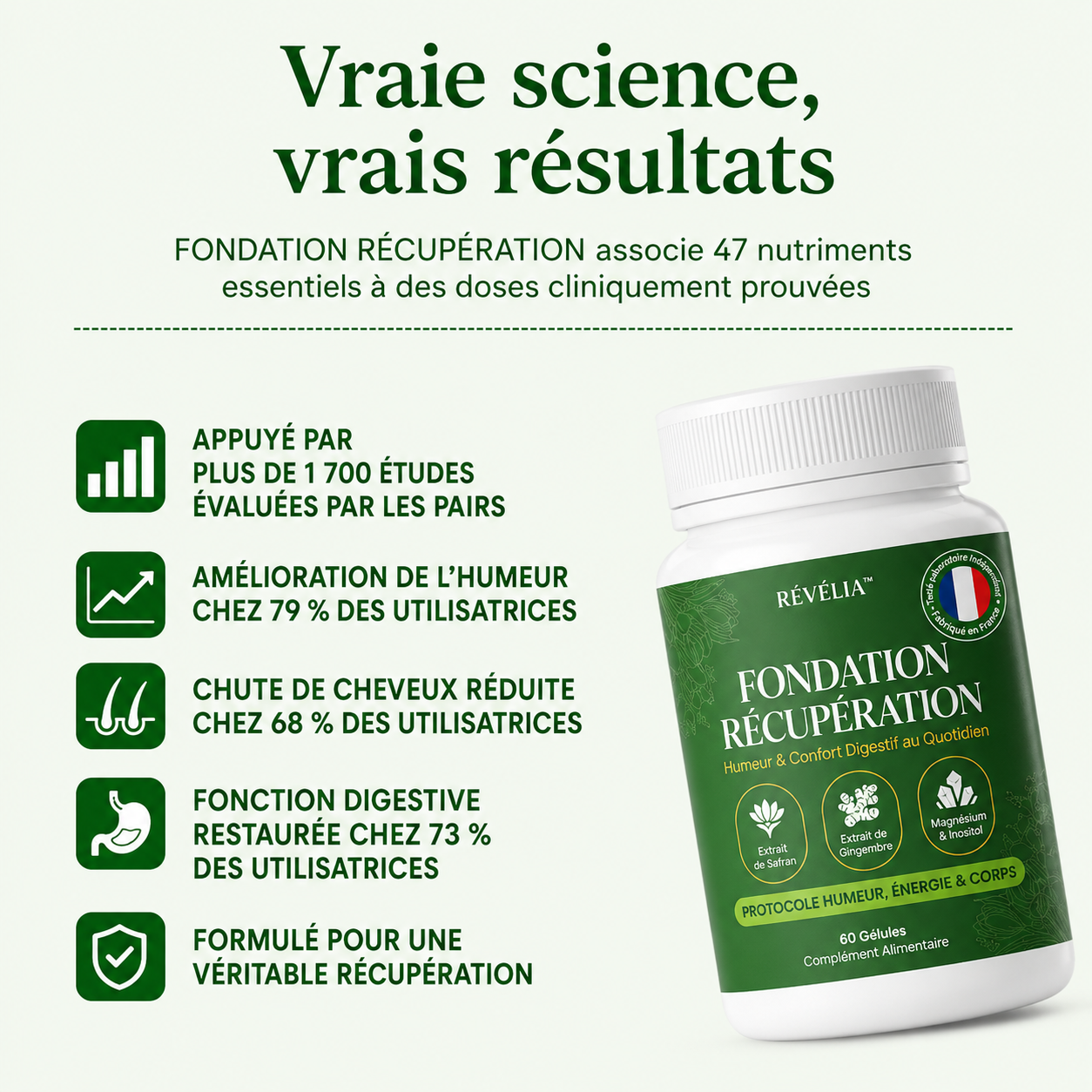 Image d’un flacon de complément avec ses bienfaits listés à côté.